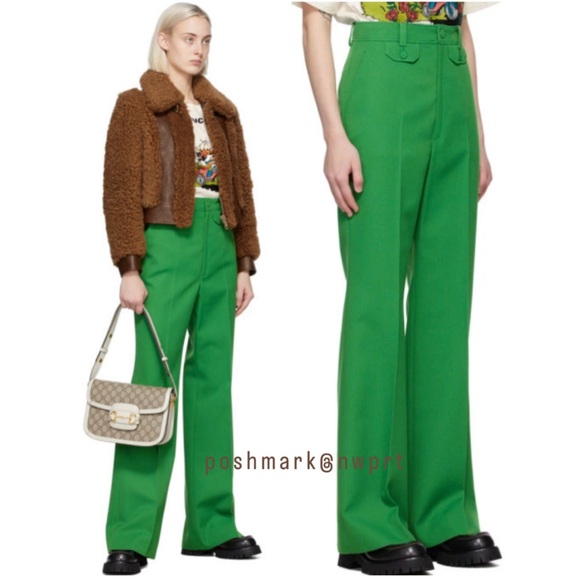GUCCI 🍏 Green Trousers Pants High Waist Rise Cropped Kick Flare 36 0 XS - Picture 2 of 16